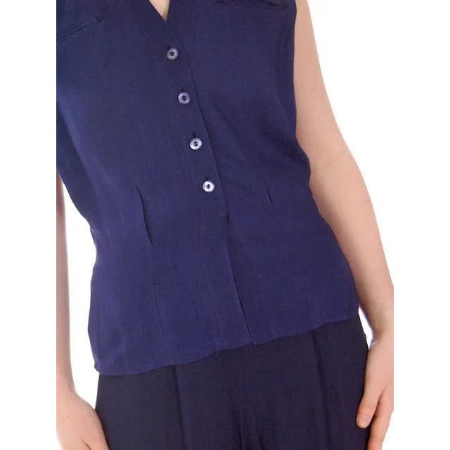 Vintage Linen Sleeveless Blouse Navy Blue Edith Fornarotto 1940s 38" Bust