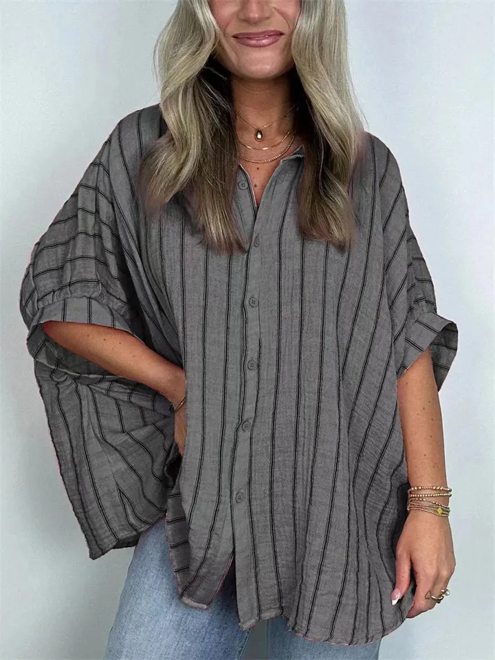 Vintage Vertical Stripe Batwing Sleeve Plus Size Ladies Blouses
