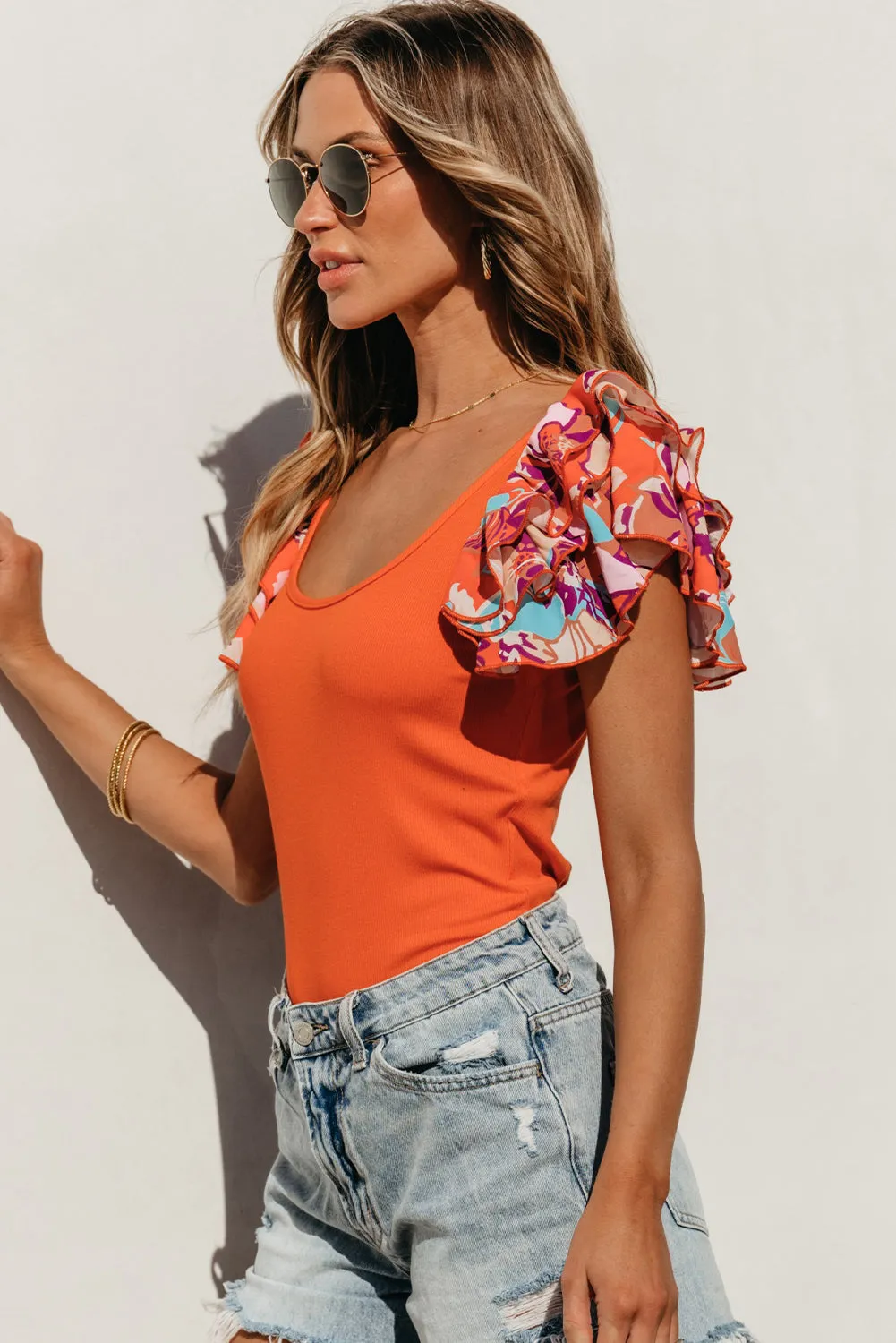 Vivianne Scoop Neck Flounce Sleeve Bodysuit