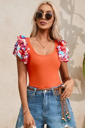 Vivianne Scoop Neck Flounce Sleeve Bodysuit