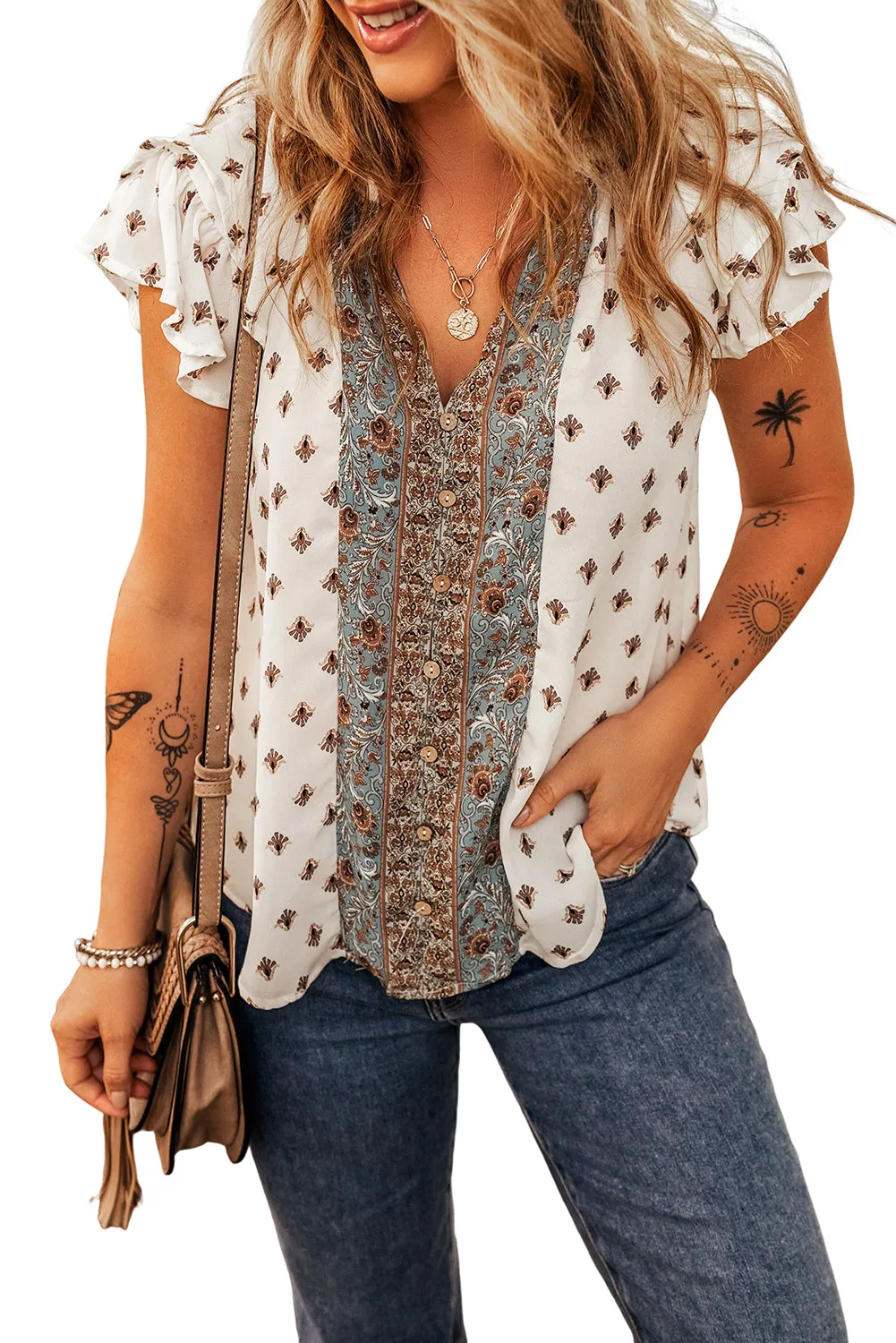 White Boho Pattern Tiered Ruffled Sleeve V Neck Buttoned Blouse