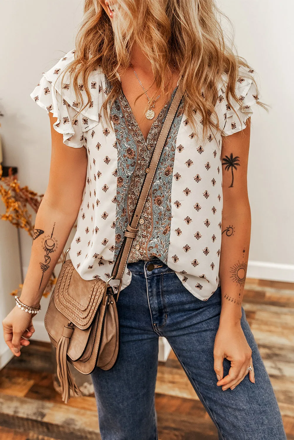 White Boho Pattern Tiered Ruffled Sleeve V Neck Buttoned Blouse