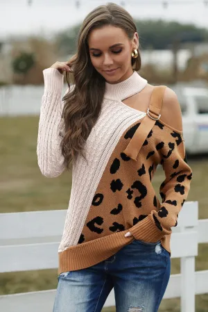 White Brown Asymmetrical Turtleneck Buckle Sweater