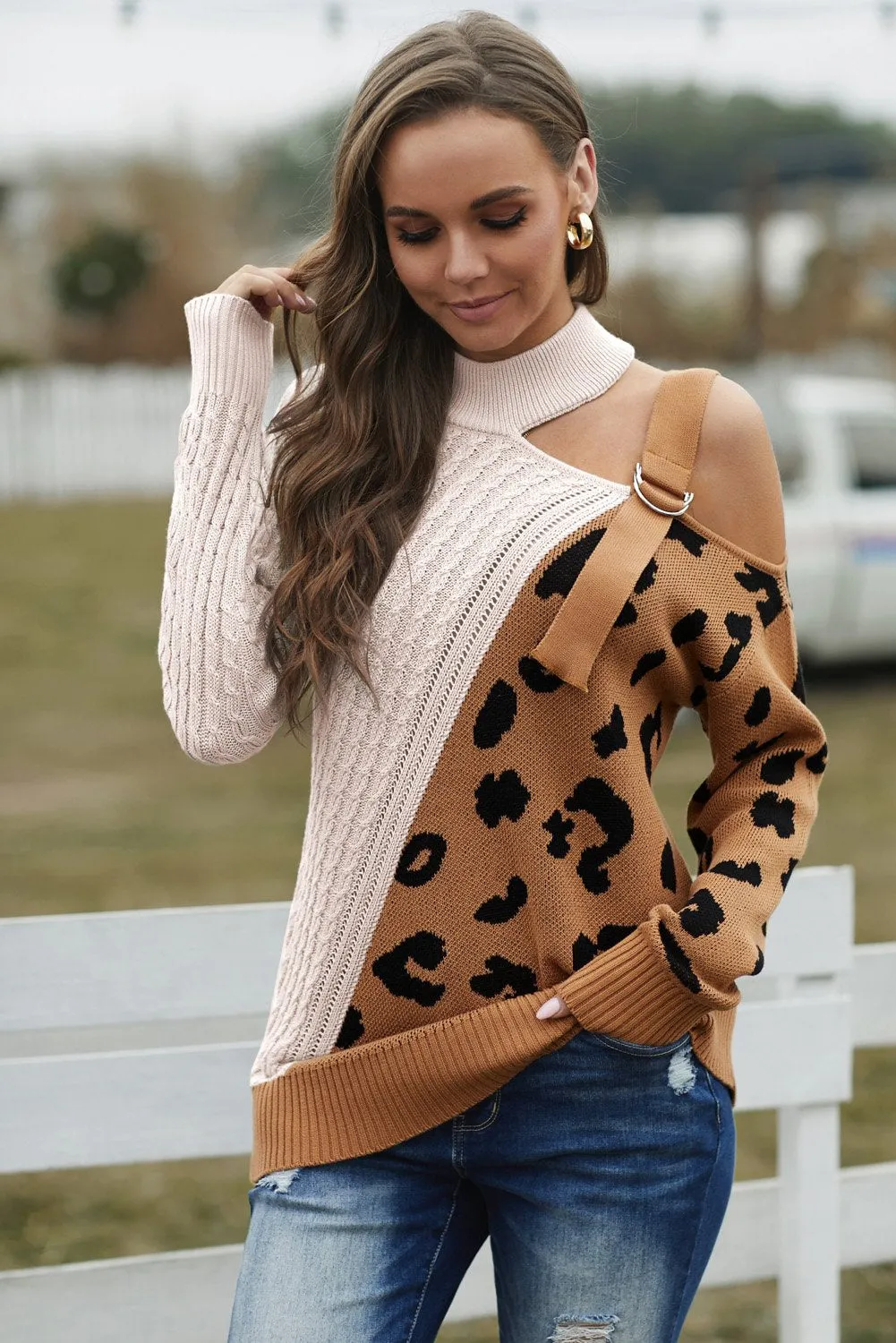 White Brown Asymmetrical Turtleneck Buckle Sweater