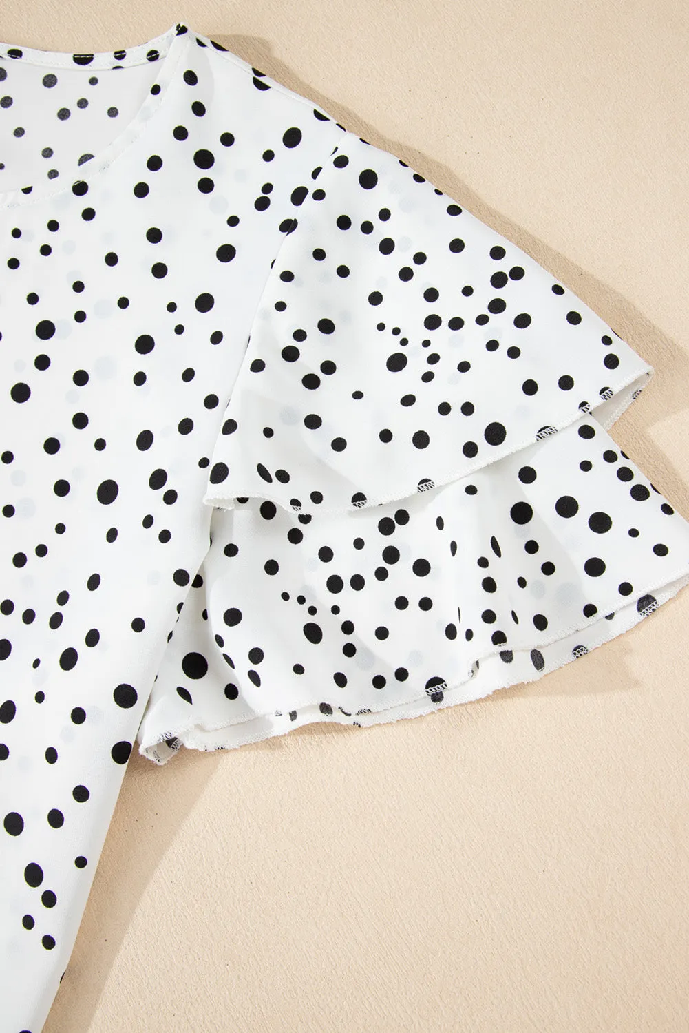 White Dalmatian Print Layered Ruffled Short Sleeve Blouse