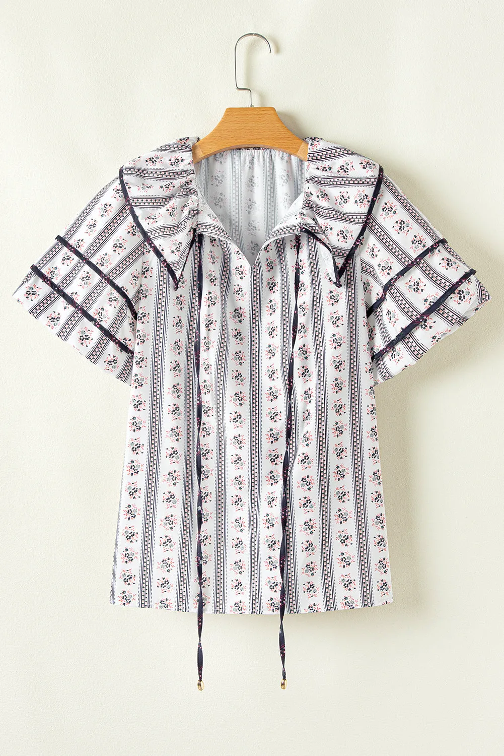 White Floral Ruffled Collar Short Puff Sleeve Printed Blouse