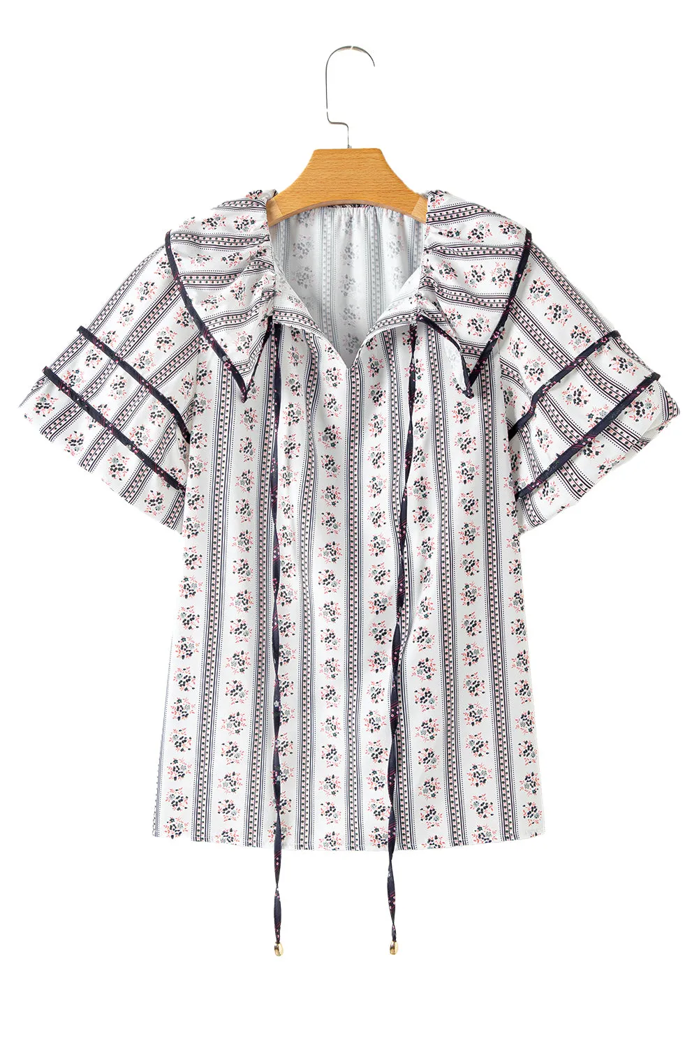 White Floral Ruffled Collar Short Puff Sleeve Printed Blouse