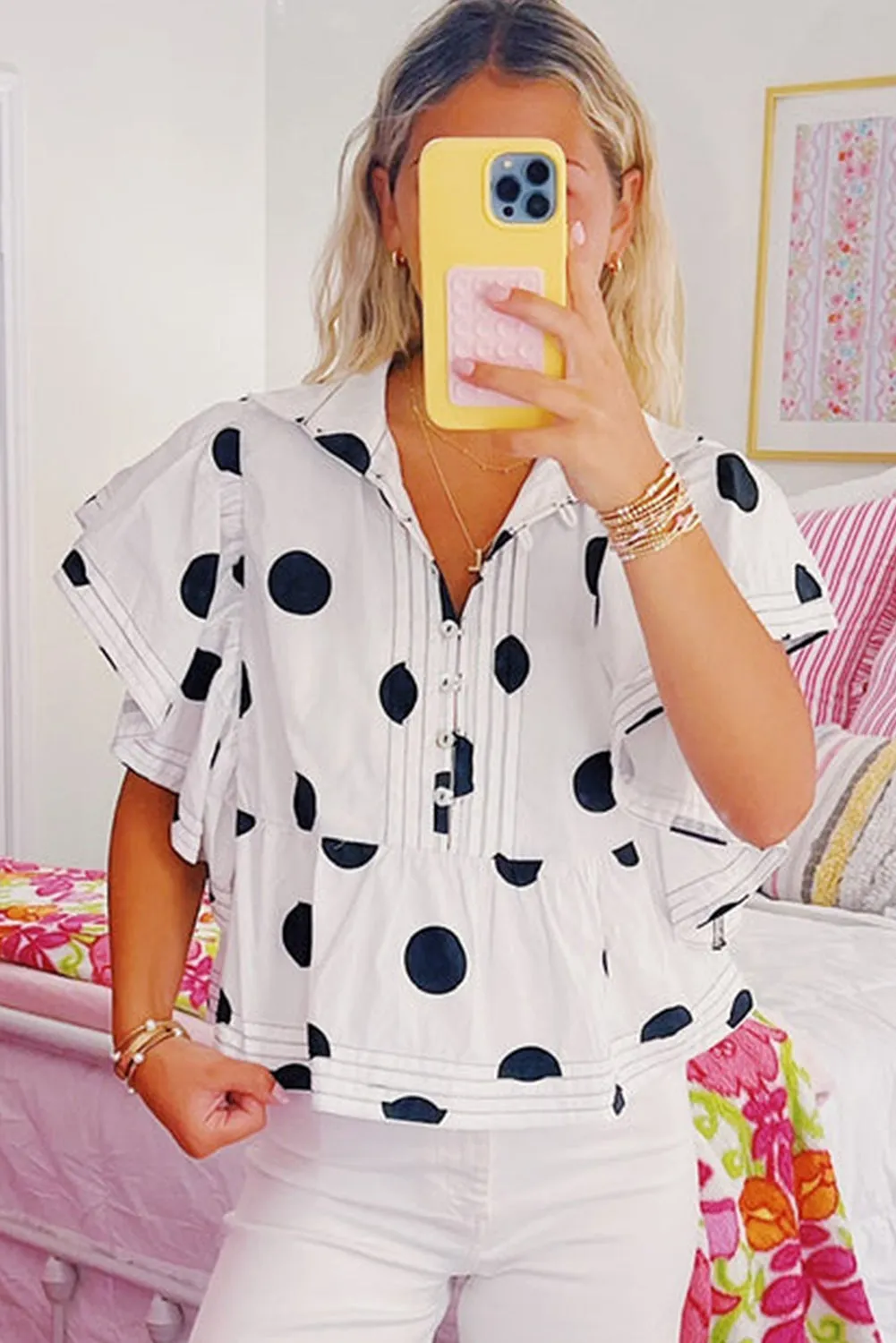 White Polka Dot Print Ruffled Short Sleeve Buttoned Collared Blouse