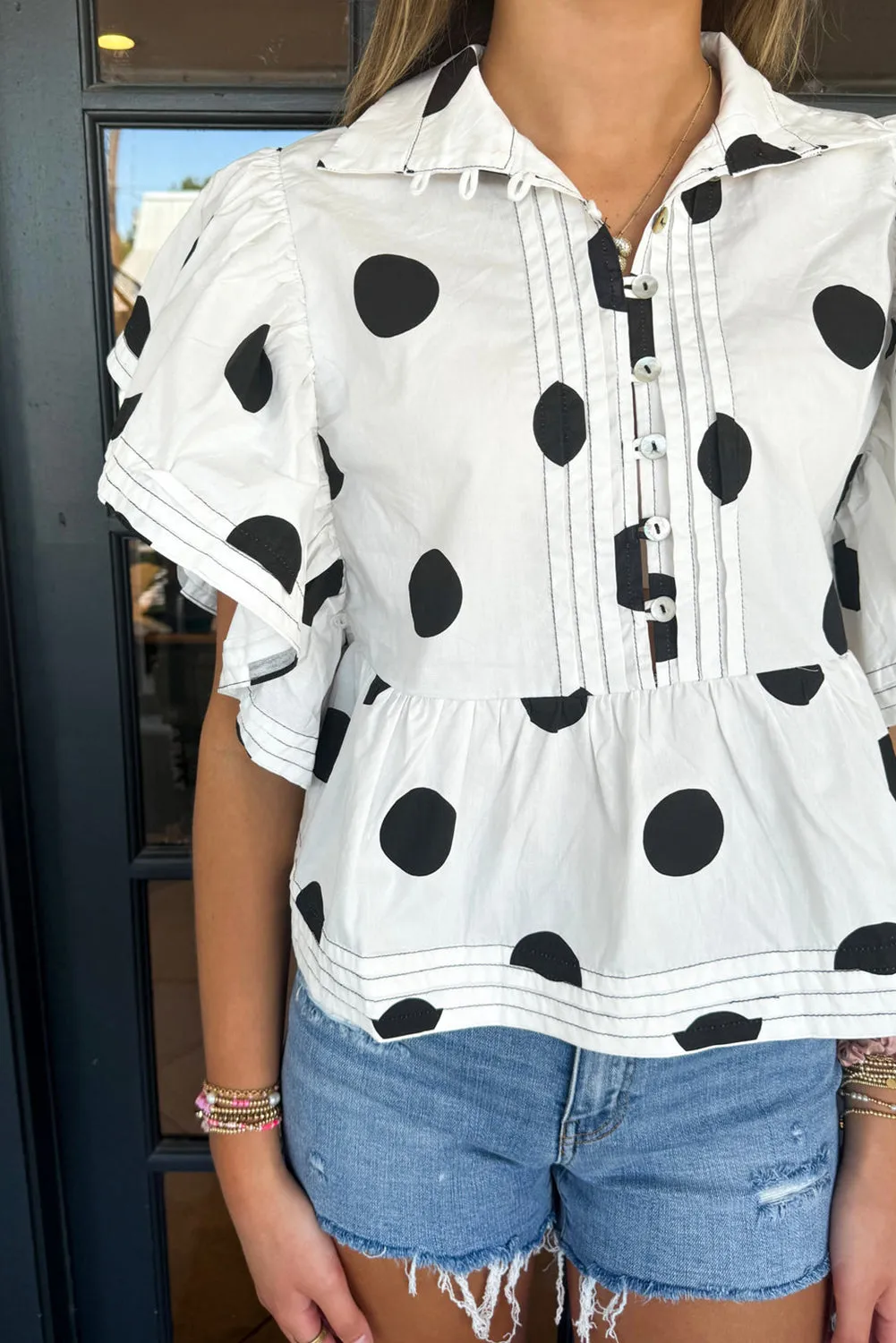 White Polka Dot Print Ruffled Short Sleeve Buttoned Collared Blouse
