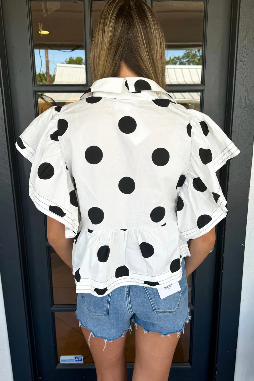White Polka Dot Print Ruffled Short Sleeve Buttoned Collared Blouse
