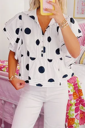White Polka Dot Print Ruffled Short Sleeve Buttoned Collared Blouse