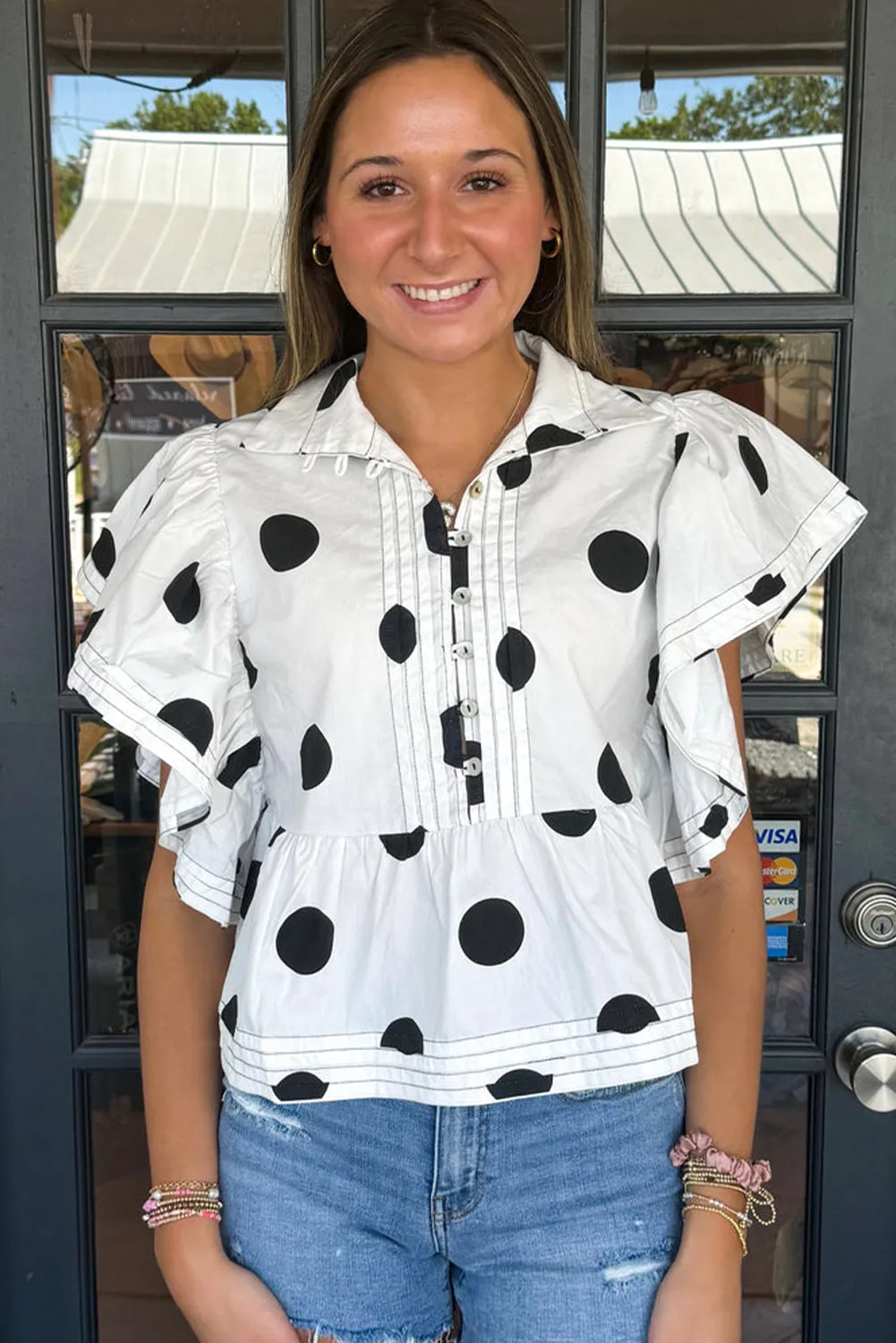 White Polka Dot Print Ruffled Short Sleeve Buttoned Collared Blouse