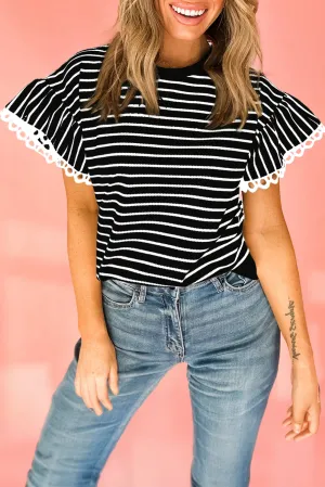 White Stripe Scallop Lace Trim Ruffle Short Sleeves Crewneck Top
