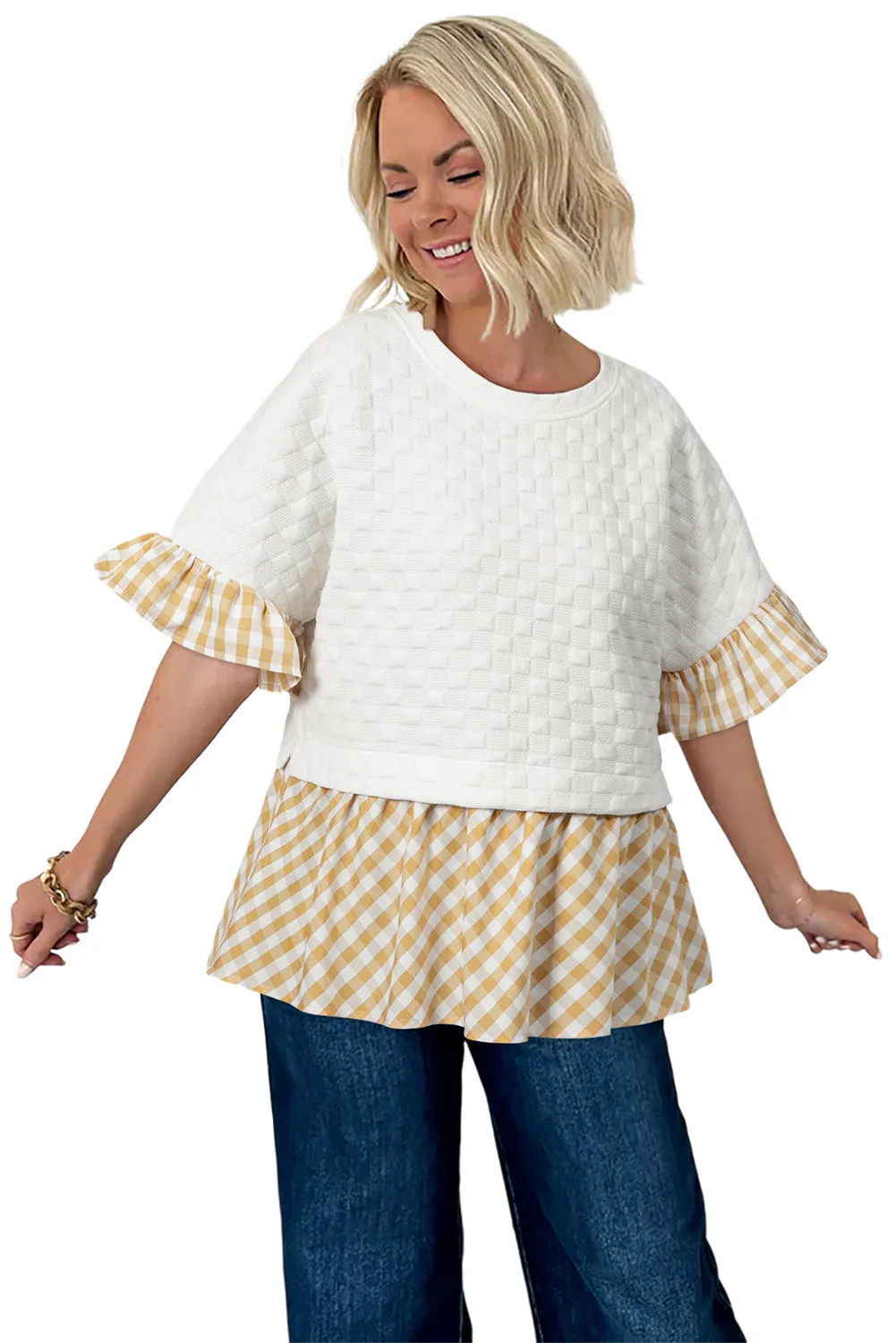 White Textured Checker Contrast Print Ruffled Sleeve Blouse