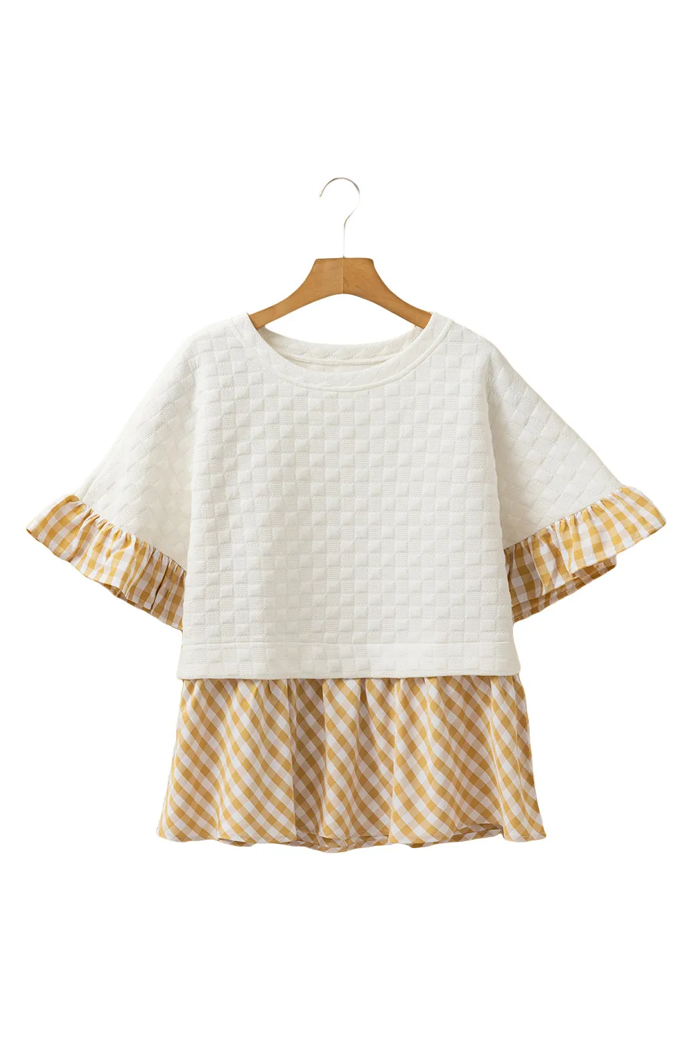 White Textured Checker Contrast Print Ruffled Sleeve Blouse
