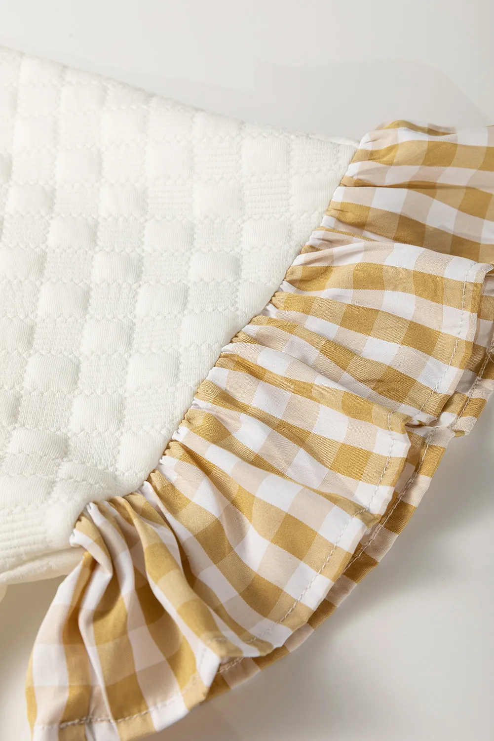 White Textured Checker Contrast Print Ruffled Sleeve Blouse