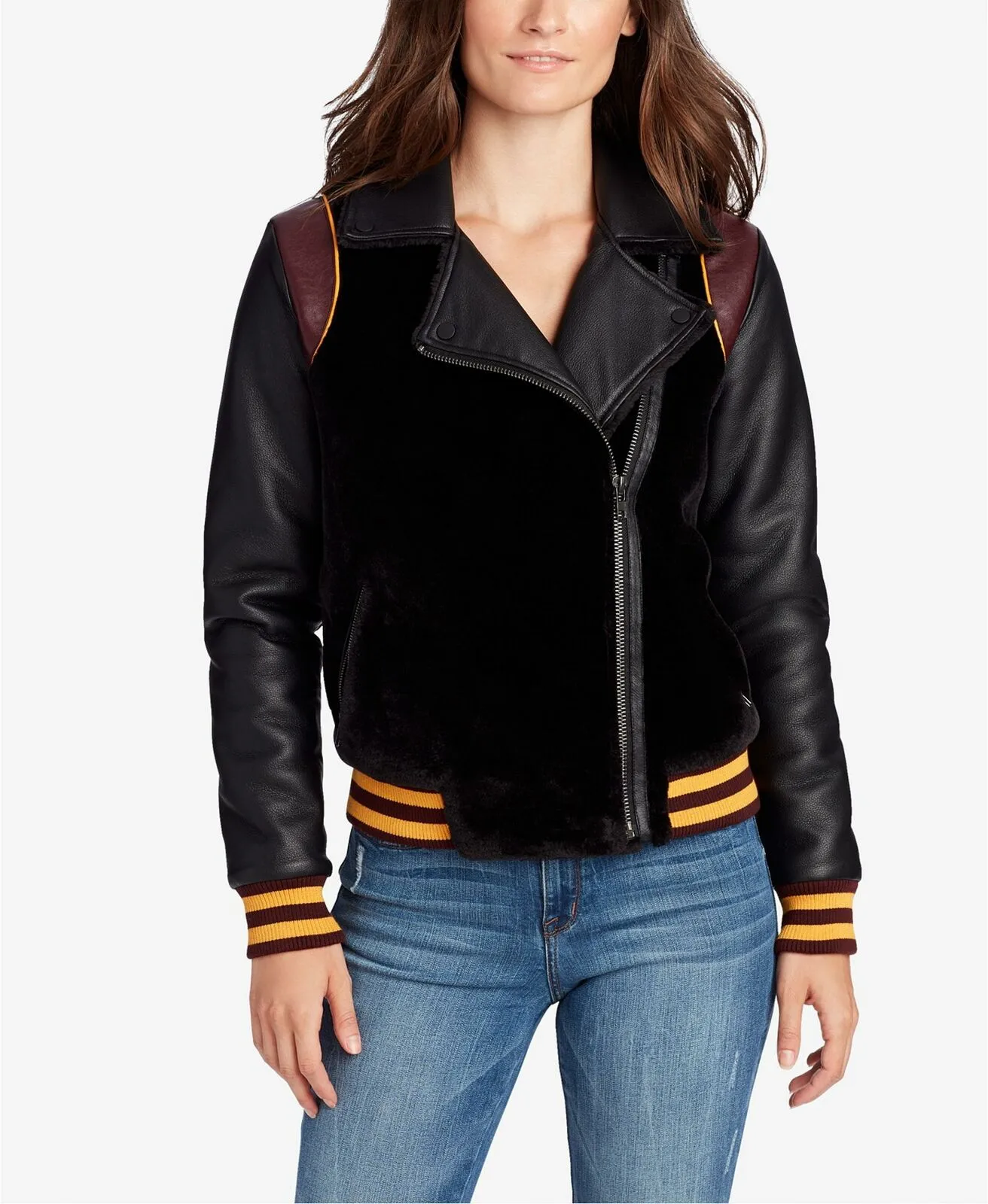 William Rast Women's Noelie Mixed-Media Varsity Jacket Black Small