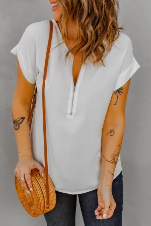 Women White Short Sleeve Zip To It Blouse