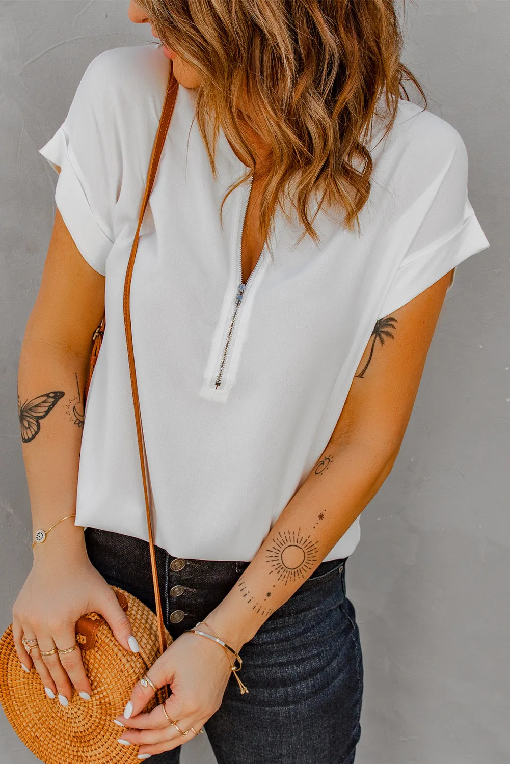 Women White Short Sleeve Zip To It Blouse