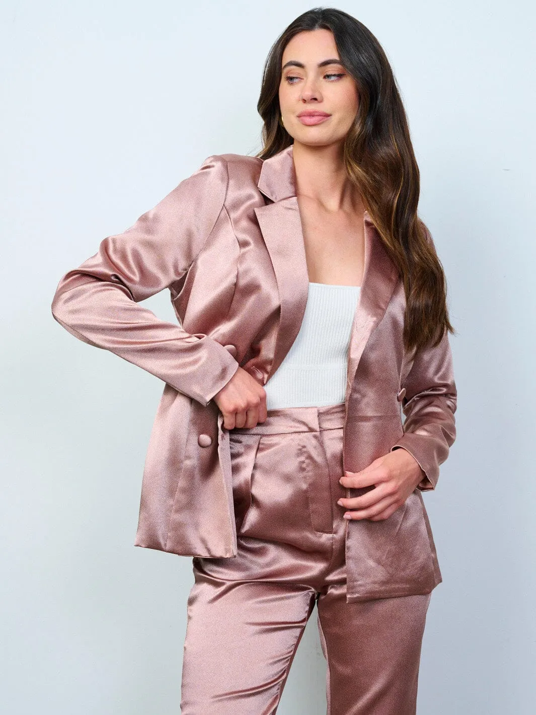 WOMEN'S LONG SLEEVE BLAZER & BUTTON CLOSURE PANTS SATIN 2PC. SET
