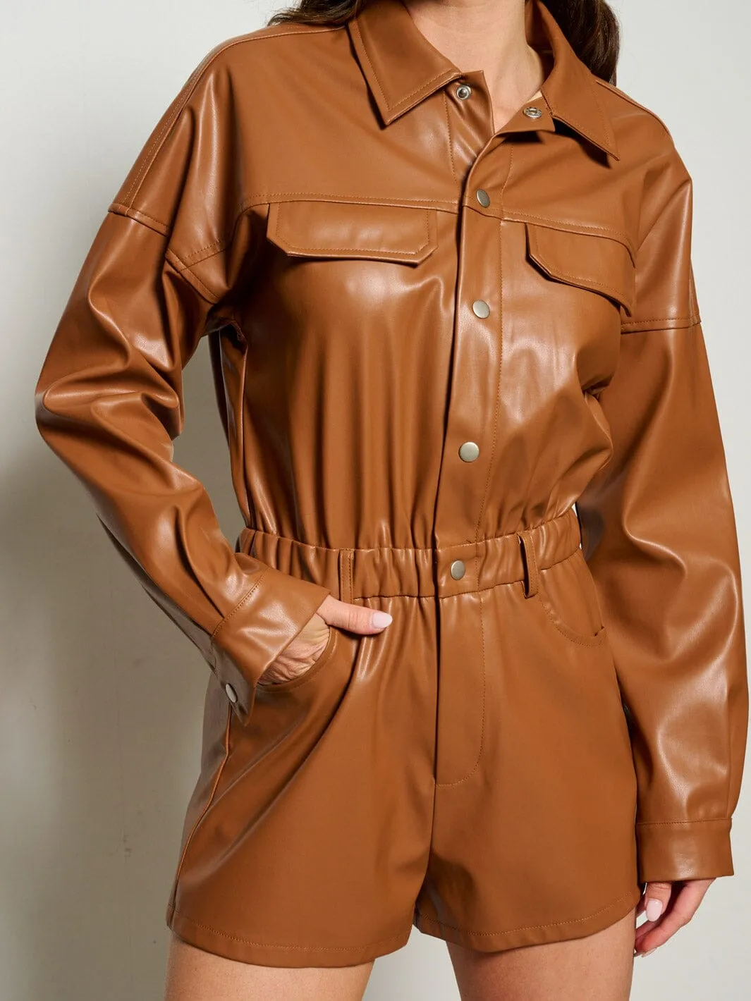 WOMEN'S LONG SLEEVE BUTTON UP POCKETS PU PLEATHER ROMPER