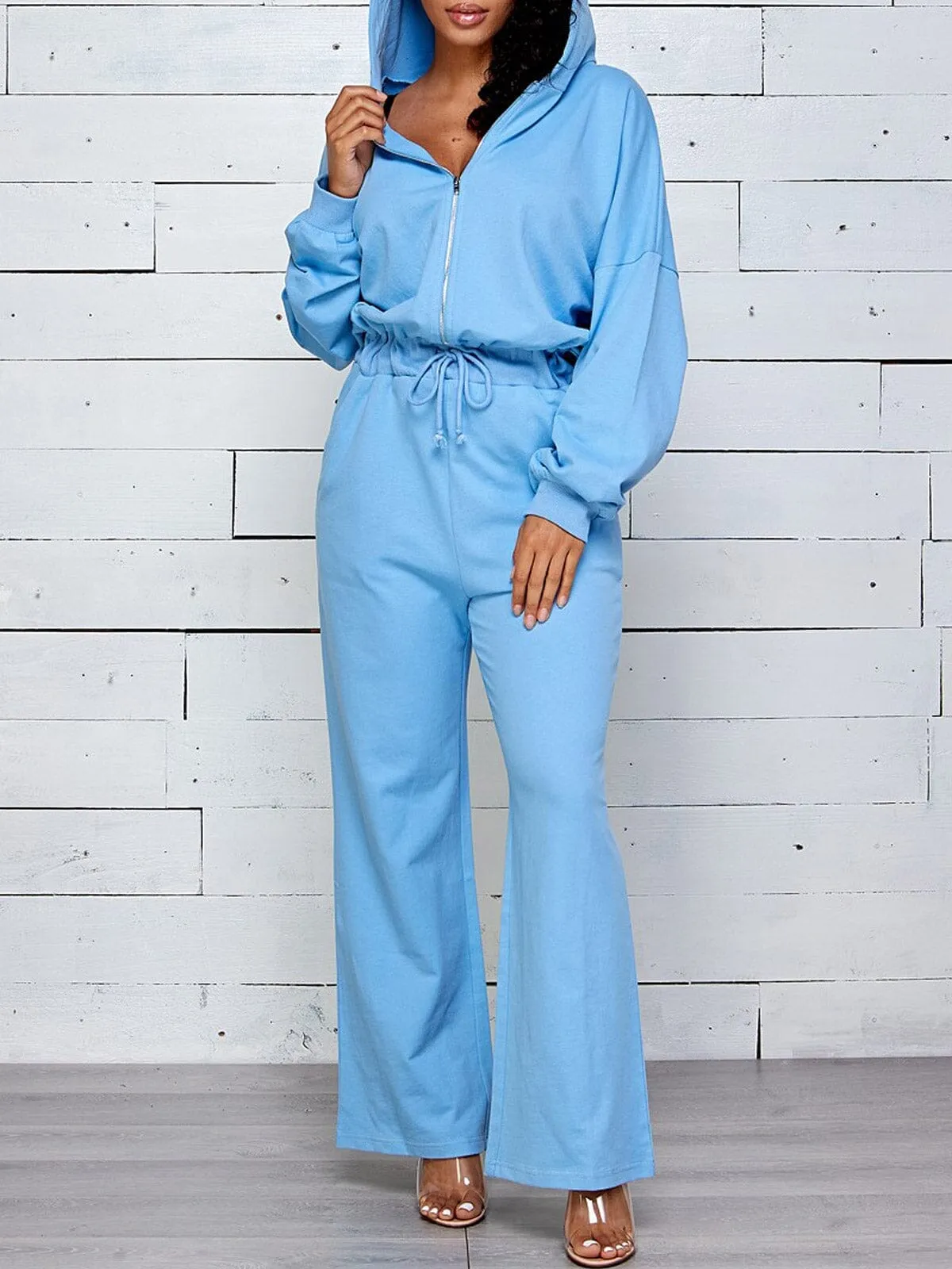 WOMEN'S LONG SLEEVE ZIP UP FRONT POCKETS HOODED WIDE LEG JUMPSUIT