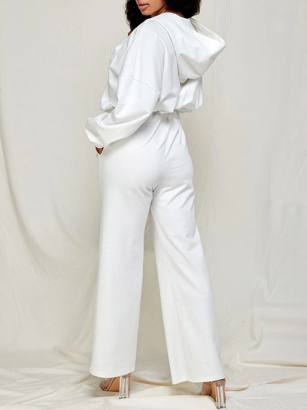 WOMEN'S LONG SLEEVE ZIP UP FRONT POCKETS HOODED WIDE LEG JUMPSUIT