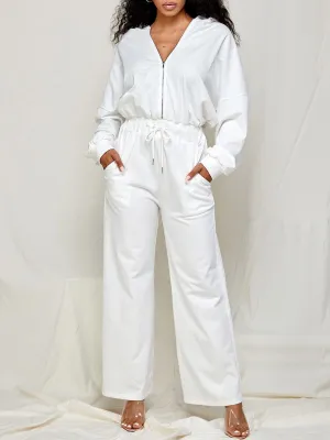 WOMEN'S LONG SLEEVE ZIP UP FRONT POCKETS HOODED WIDE LEG JUMPSUIT