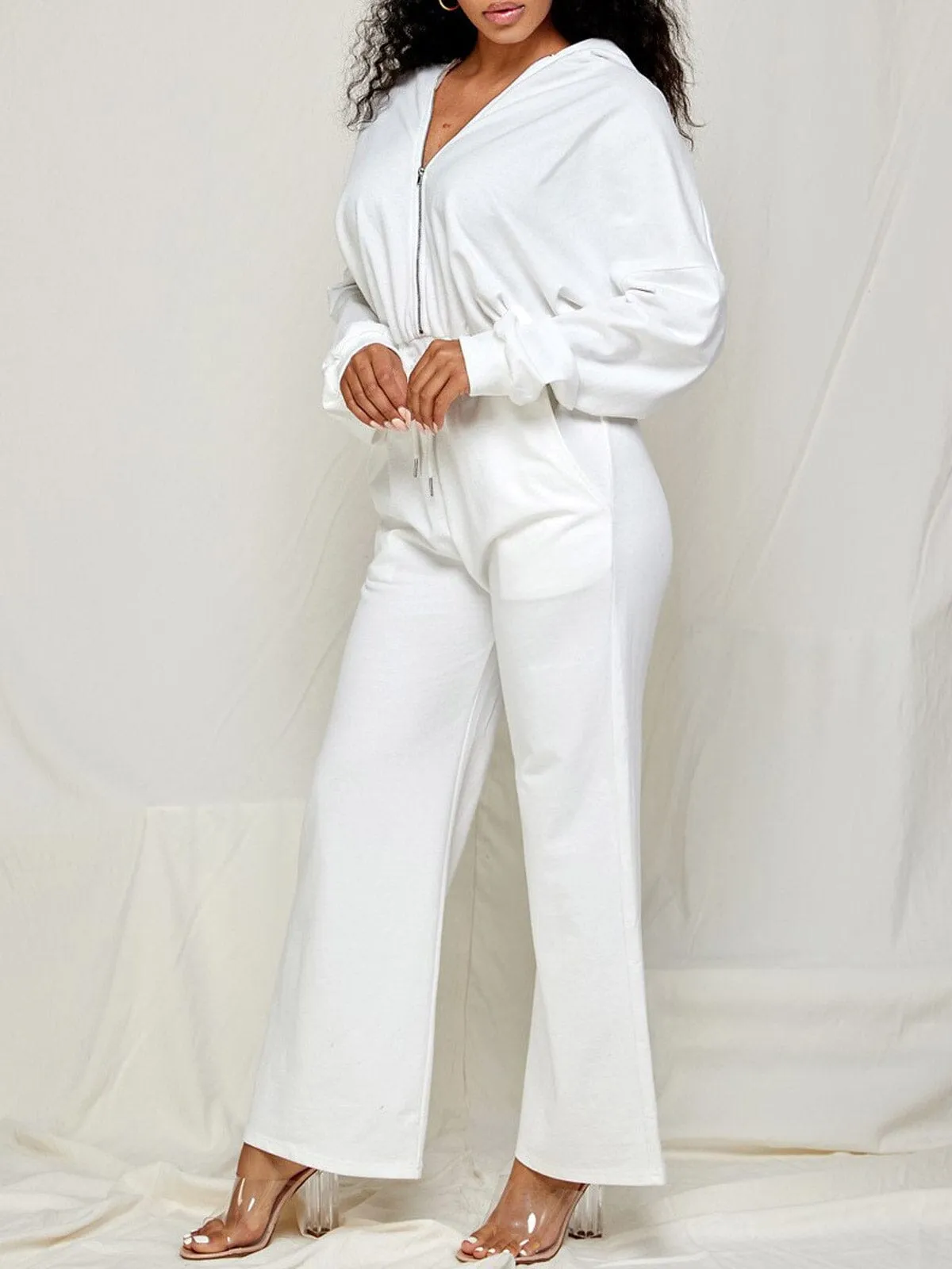 WOMEN'S LONG SLEEVE ZIP UP FRONT POCKETS HOODED WIDE LEG JUMPSUIT