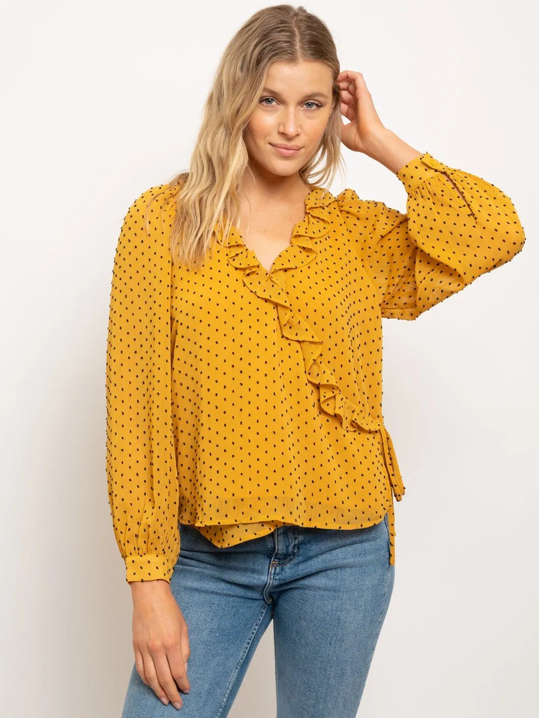 WOMEN'S POLKA DOT RUFFLED WRAP TOP