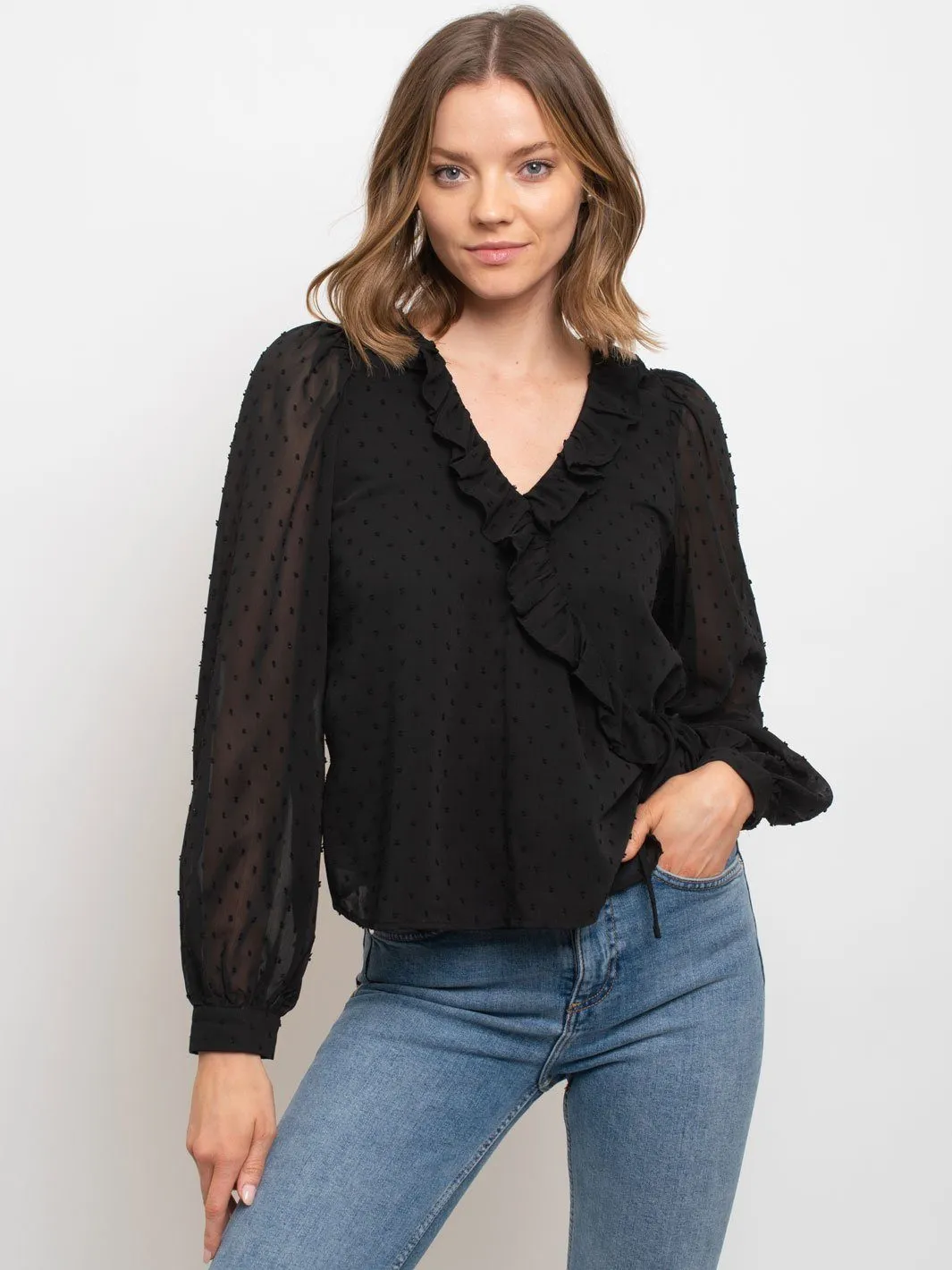 WOMEN'S POLKA DOT RUFFLED WRAP TOP