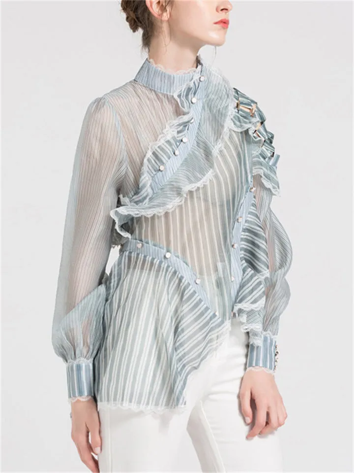 Women's Sexy See-Through Striped Patchwork Blouse
