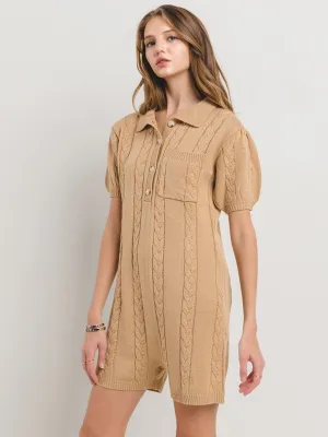 WOMEN'S SHORT SLEEVE BUTTON UP POCKETS CABLE KNIT ROMPER