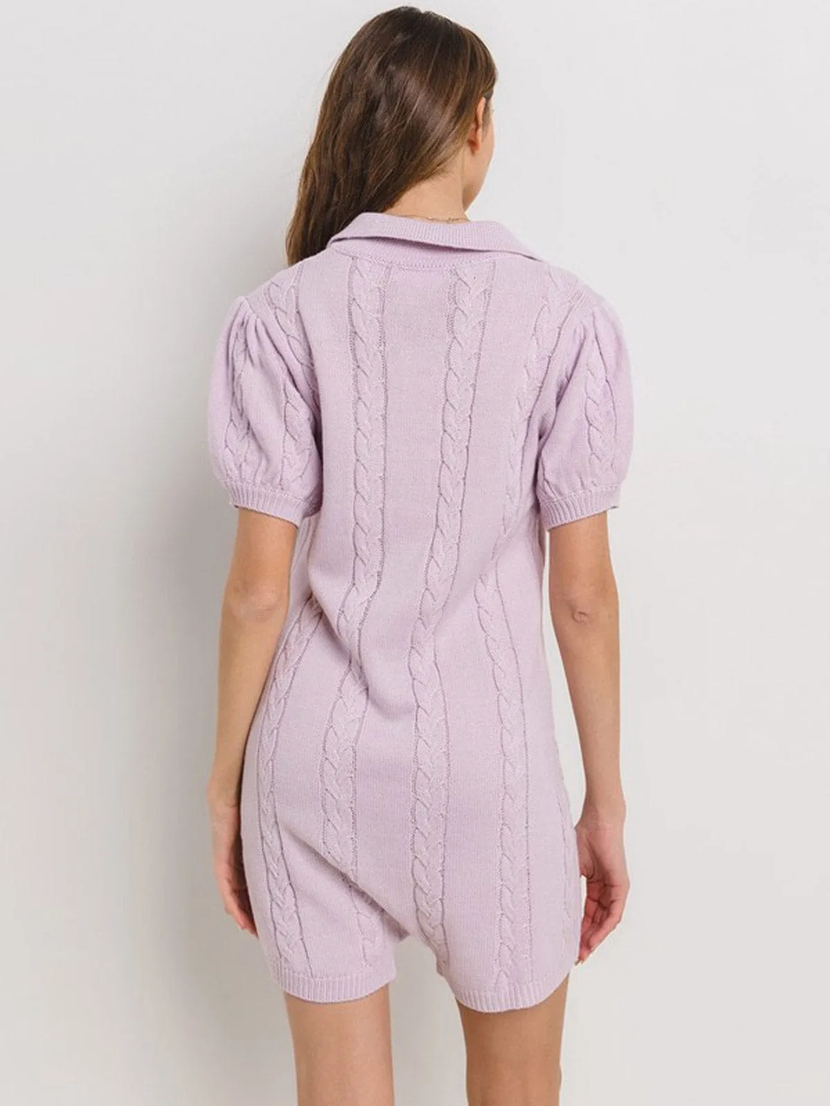 WOMEN'S SHORT SLEEVE BUTTON UP POCKETS CABLE KNIT ROMPER