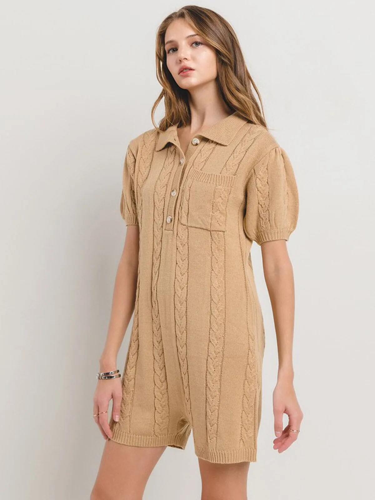 WOMEN'S SHORT SLEEVE BUTTON UP POCKETS CABLE KNIT ROMPER