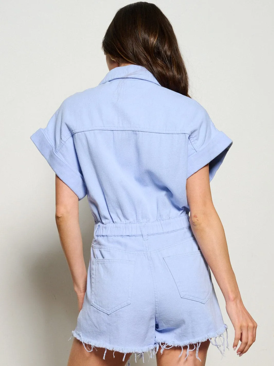 WOMEN'S SHORT SLEEVE BUTTON UP POCKETS DISTRESS DENIM ROMPER