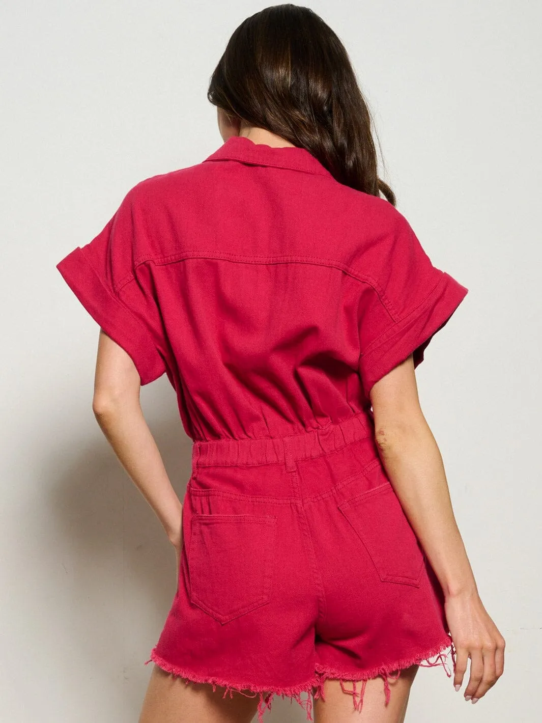 WOMEN'S SHORT SLEEVE BUTTON UP POCKETS DISTRESS DENIM ROMPER