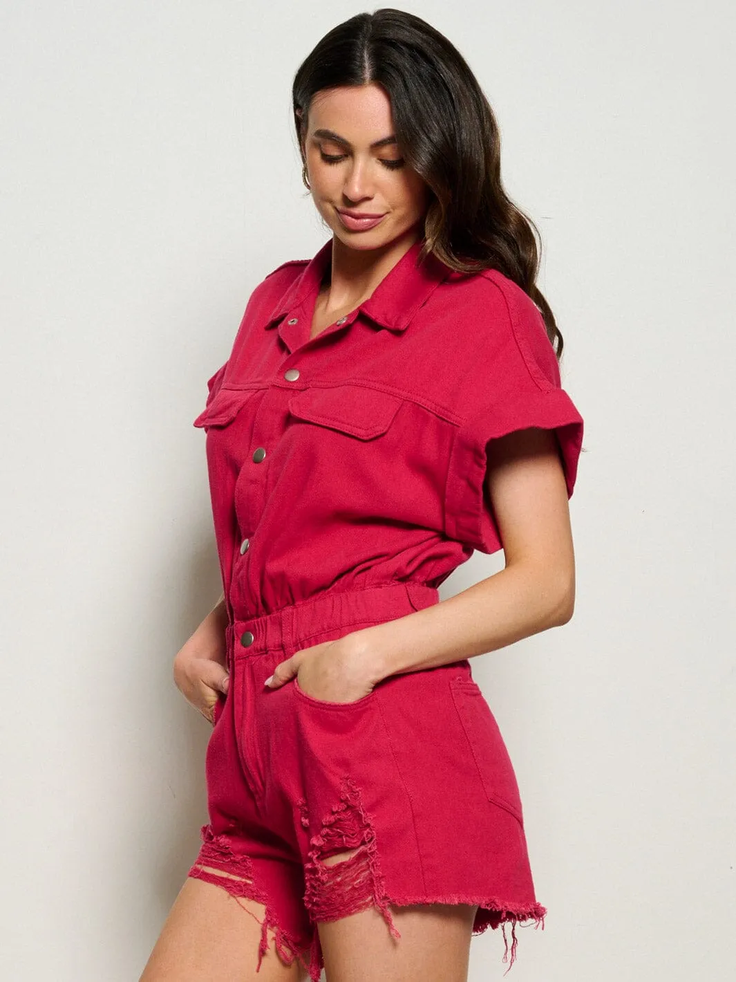 WOMEN'S SHORT SLEEVE BUTTON UP POCKETS DISTRESS DENIM ROMPER