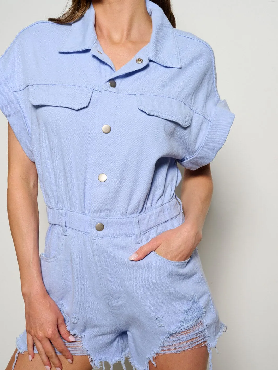 WOMEN'S SHORT SLEEVE BUTTON UP POCKETS DISTRESS DENIM ROMPER
