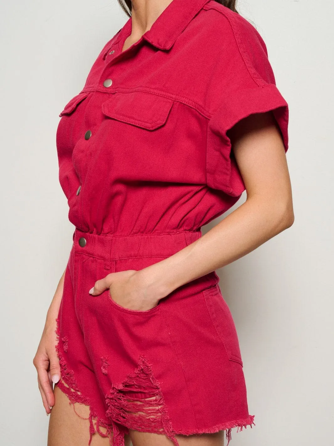 WOMEN'S SHORT SLEEVE BUTTON UP POCKETS DISTRESS DENIM ROMPER