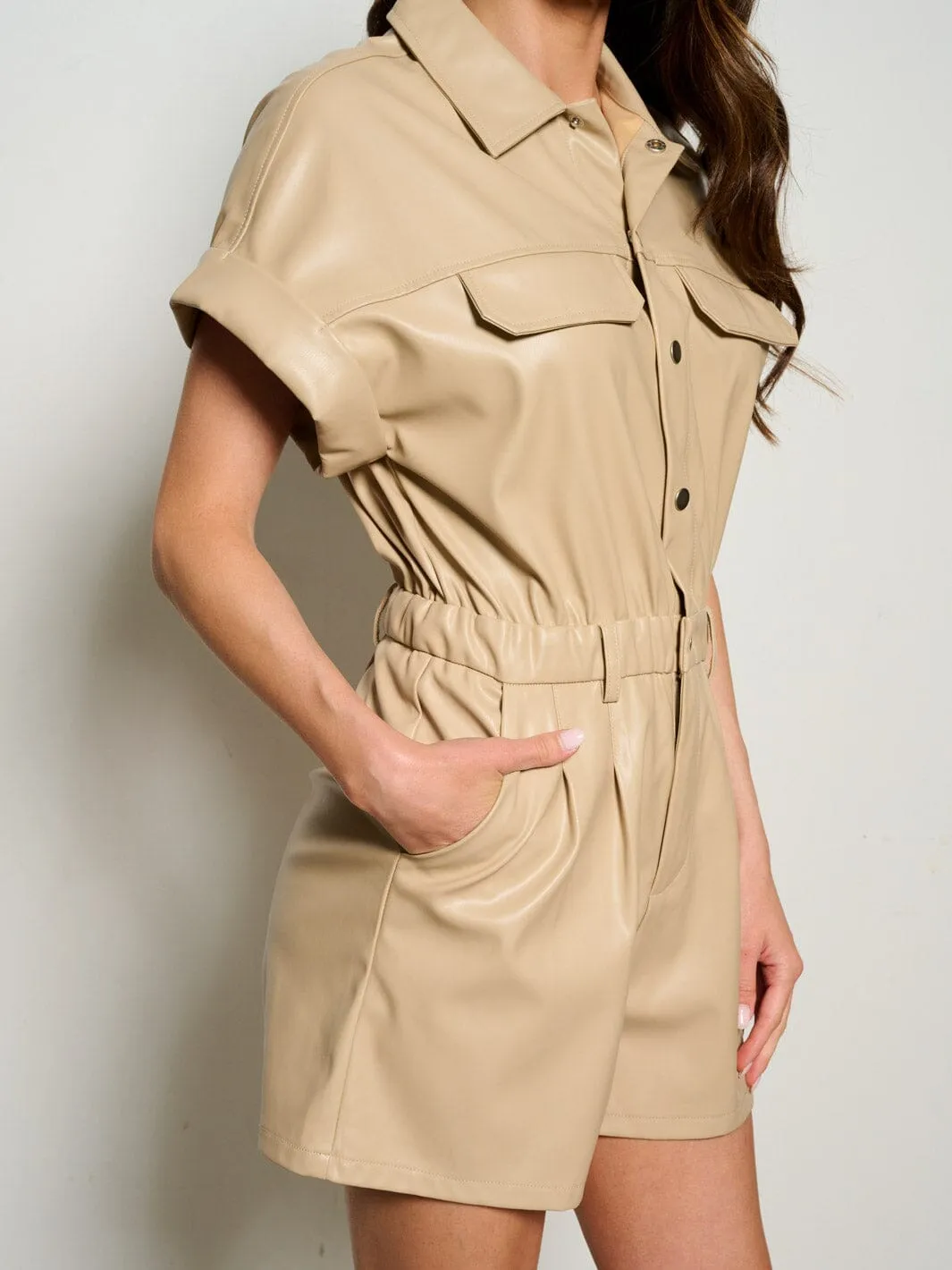 WOMEN'S SHORT SLEEVE BUTTON UP POCKETS PU PLEATHER ROMPER