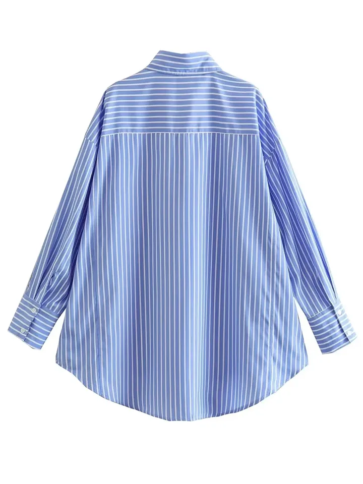 Women's Single Breasted Striped Blouses with Pockets
