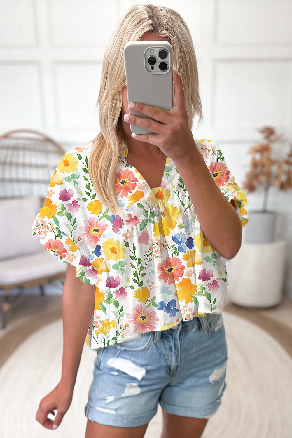 Yellow Floral Boxy Fit Ruffled Short Sleeve V Neck Blouse