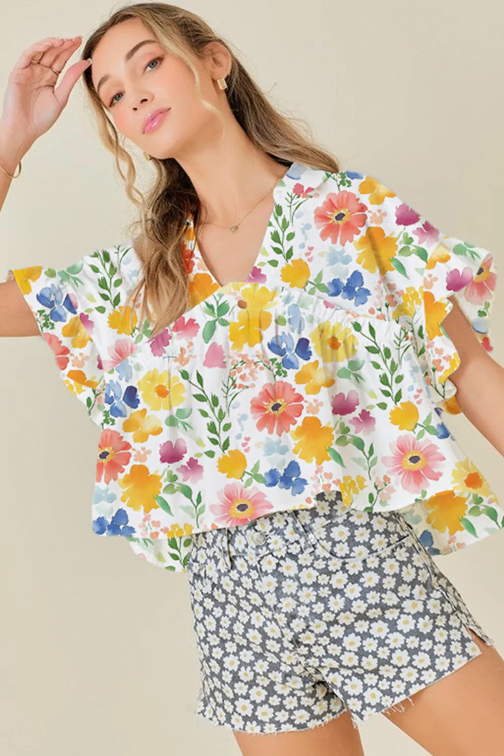 Yellow Floral Boxy Fit Ruffled Short Sleeve V Neck Blouse